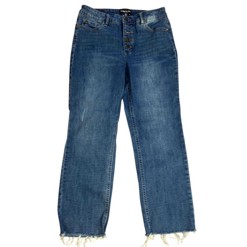 Kenneth Cole Blue Denim Raw Edge Button Fly Cropped Jeans Size 8